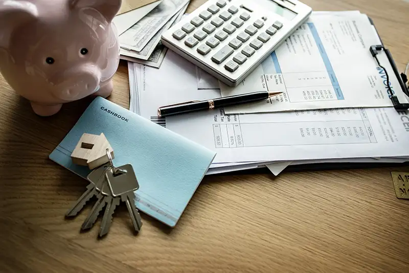 Divers objet mettant en scène les calculs : tirelire, calculatrice, documents.