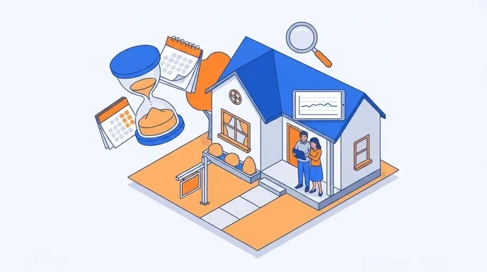Maison avec un panneau à vendre, sablier et calendrier : un bien immobilier qui ne se vend pas